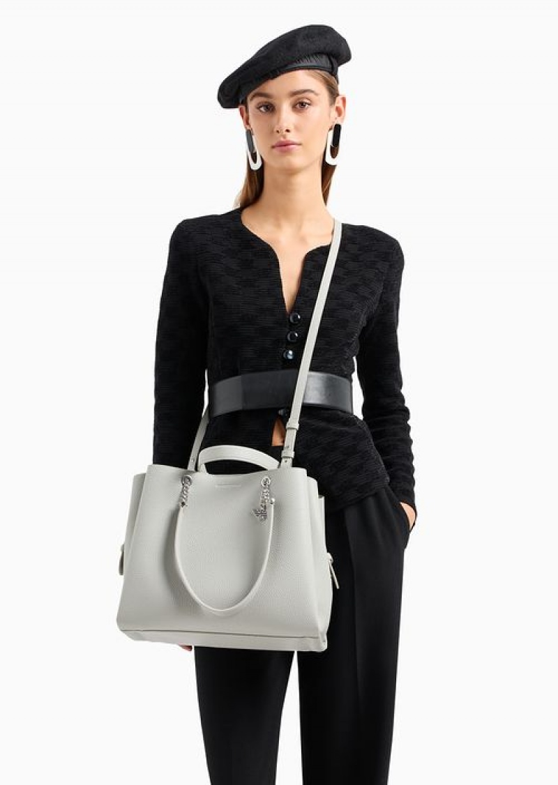 Grey Logo Emporio Armani Palmellato Leather-effect Shopper Bag With Eagle Charm | EA-SN57296