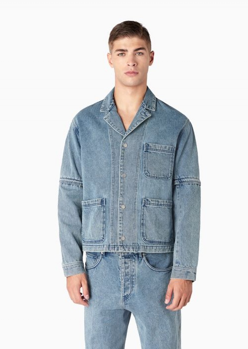 Light Blue Emporio Armani Denim Jacket With Detachable Sleeves | EA-SN58163