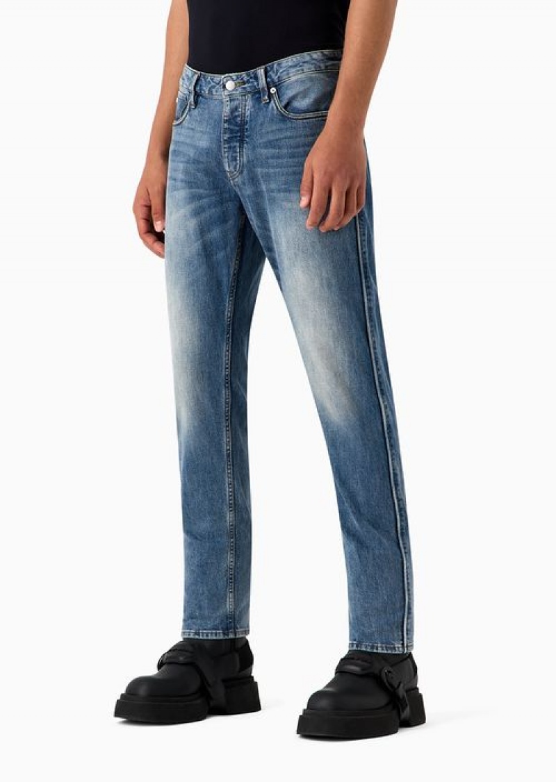 Light Blue Emporio Armani J75 Slim-fit, Stone-washed Stretch-denim Jeans | EA-SN57942