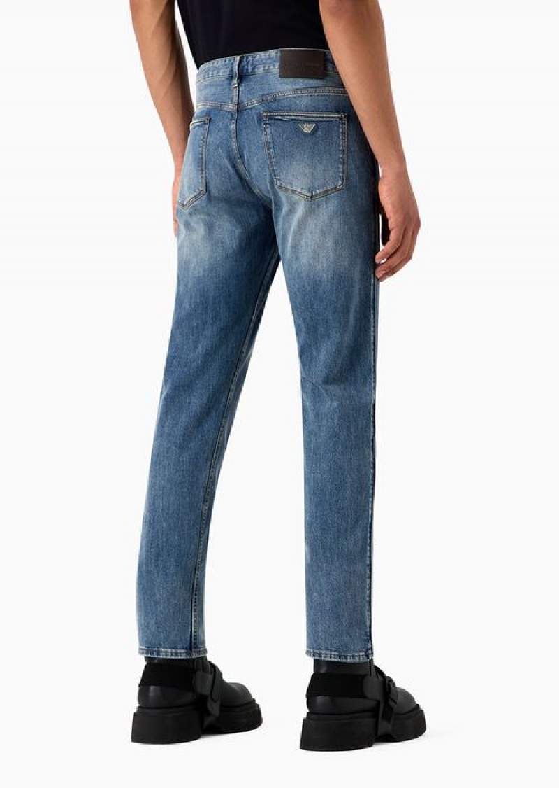 Light Blue Emporio Armani J75 Slim-fit, Stone-washed Stretch-denim Jeans | EA-SN57942