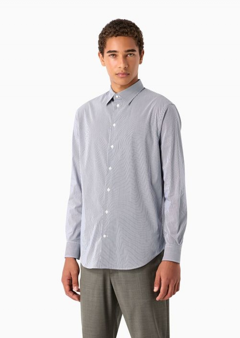 Light Blue Emporio Armani Modern-fit Shirt With Italian Collar In Stretch Cotton With Fine Jacquard Stripes | EA-SN57932