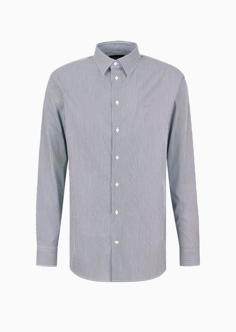 Light Blue Emporio Armani Modern-fit Shirt With Italian Collar In Stretch Cotton With Fine Jacquard Stripes | EA-SN57932