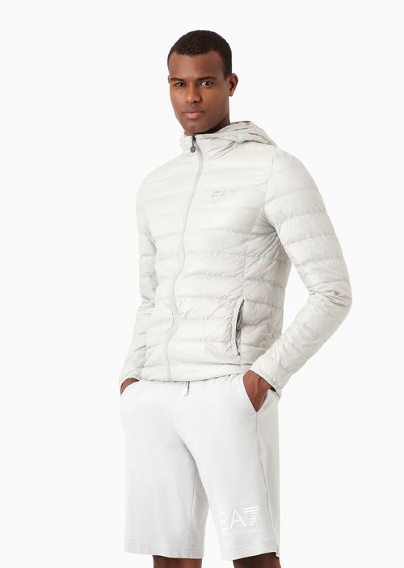 Light Grey Emporio Armani Packable Hooded Core Identity Puffer Jacket | EA7-SN59821