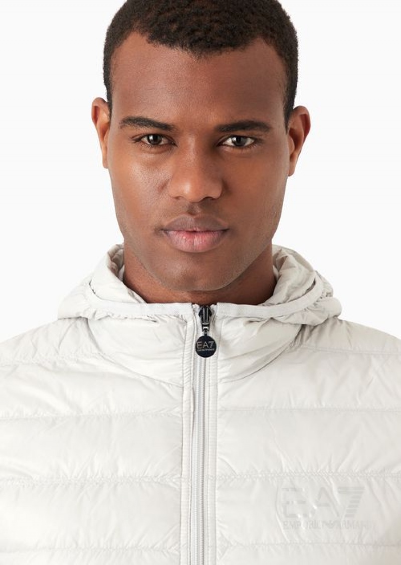 Light Grey Emporio Armani Packable Hooded Core Identity Puffer Jacket | EA7-SN59821