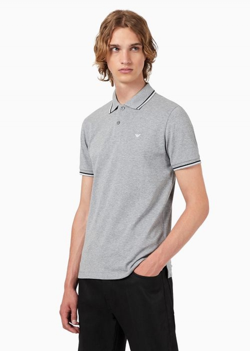 Light Grey Emporio Armani Slim-fit Stretch Piqué Polo Shirt With Micro Eagle | EA-SN58450