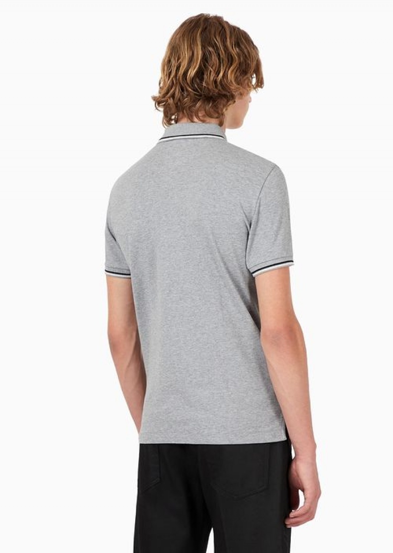 Light Grey Emporio Armani Slim-fit Stretch Piqué Polo Shirt With Micro Eagle | EA-SN58450