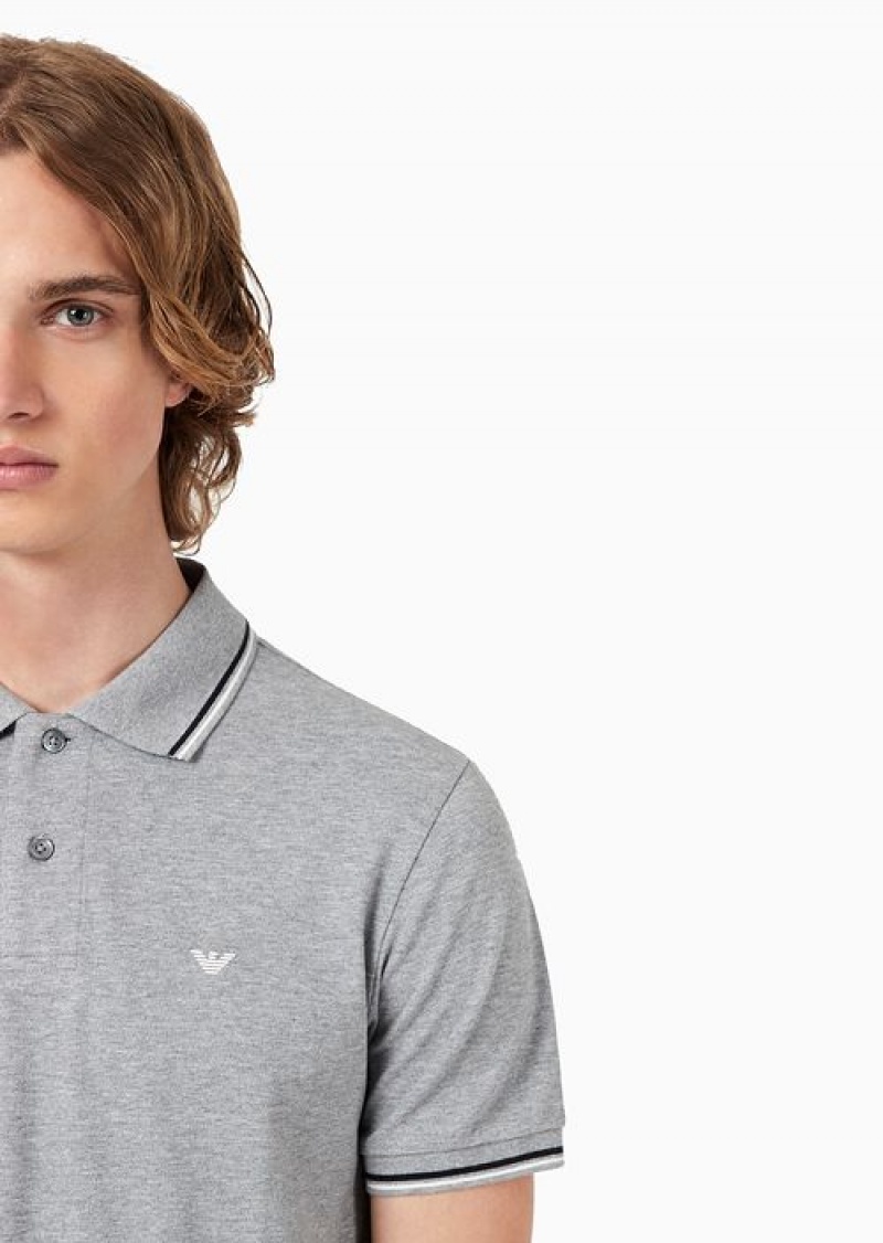 Light Grey Emporio Armani Slim-fit Stretch Piqué Polo Shirt With Micro Eagle | EA-SN58450