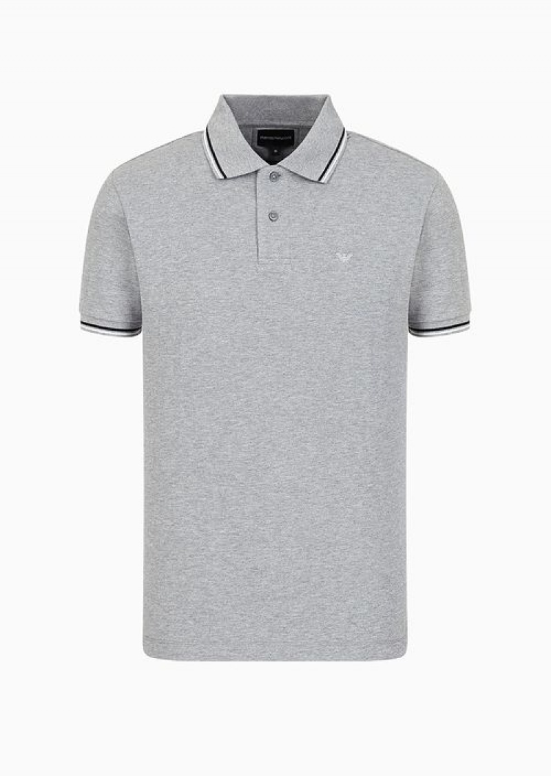 Light Grey Emporio Armani Slim-fit Stretch Piqué Polo Shirt With Micro Eagle | EA-SN58450