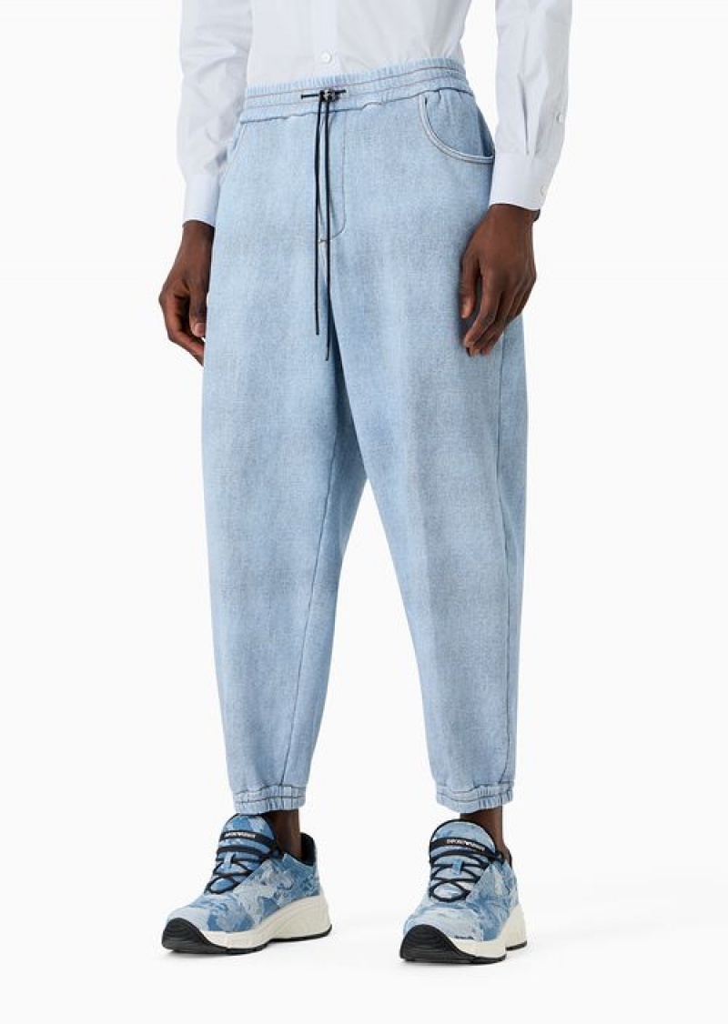 Medium Blue Emporio Armani Denim-effect Printed Jersey Drawstring Trousers With Elasticated Cuffs | EA-SN58417