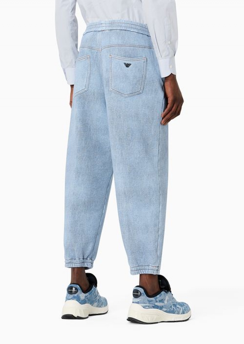 Medium Blue Emporio Armani Denim-effect Printed Jersey Drawstring Trousers With Elasticated Cuffs | EA-SN58417