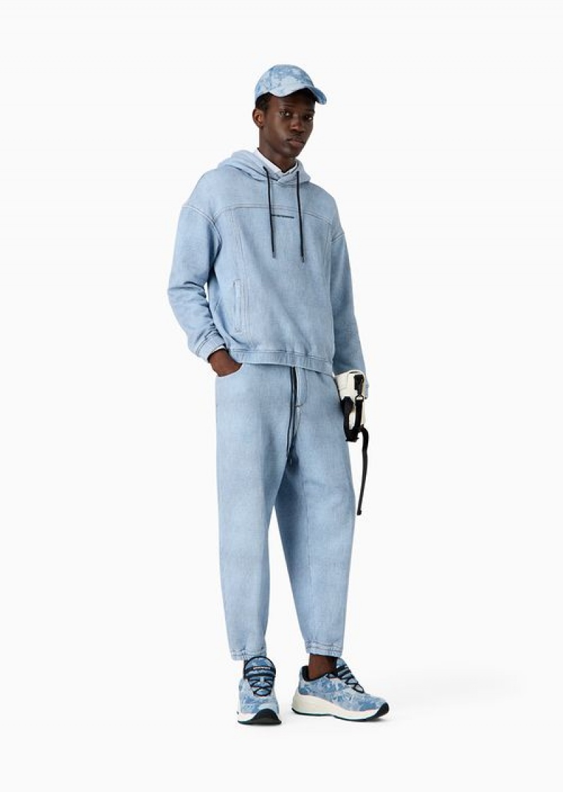 Medium Blue Emporio Armani Denim-effect Printed Jersey Drawstring Trousers With Elasticated Cuffs | EA-SN58417