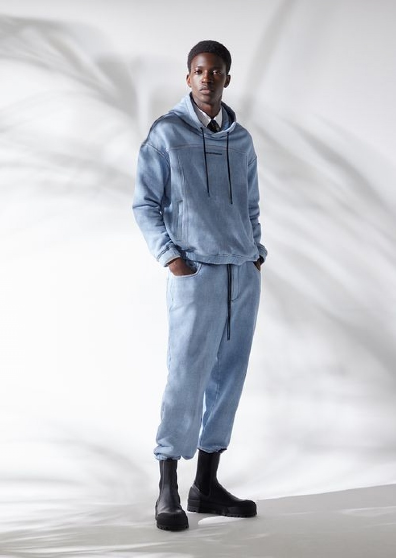 Medium Blue Emporio Armani Denim-effect Printed Jersey Drawstring Trousers With Elasticated Cuffs | EA-SN58417