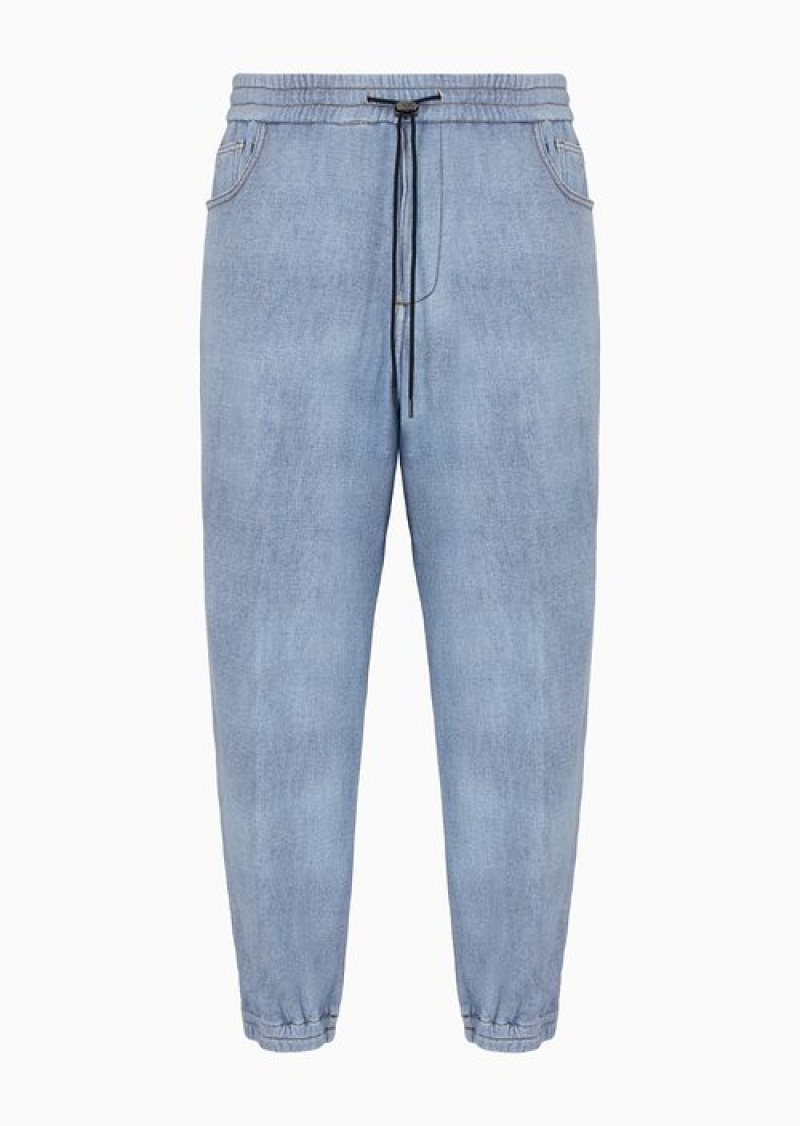 Medium Blue Emporio Armani Denim-effect Printed Jersey Drawstring Trousers With Elasticated Cuffs | EA-SN58417