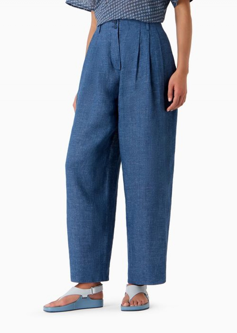 Medium Blue Emporio Armani Icon Ovel-leg Trousers With Pleats In Washed Linen | EA-SN56880