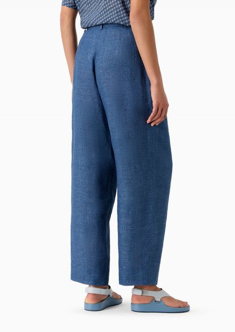 Medium Blue Emporio Armani Icon Ovel-leg Trousers With Pleats In Washed Linen | EA-SN56880