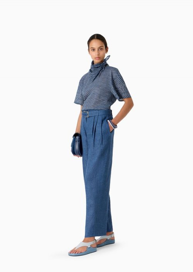 Medium Blue Emporio Armani Icon Ovel-leg Trousers With Pleats In Washed Linen | EA-SN56880