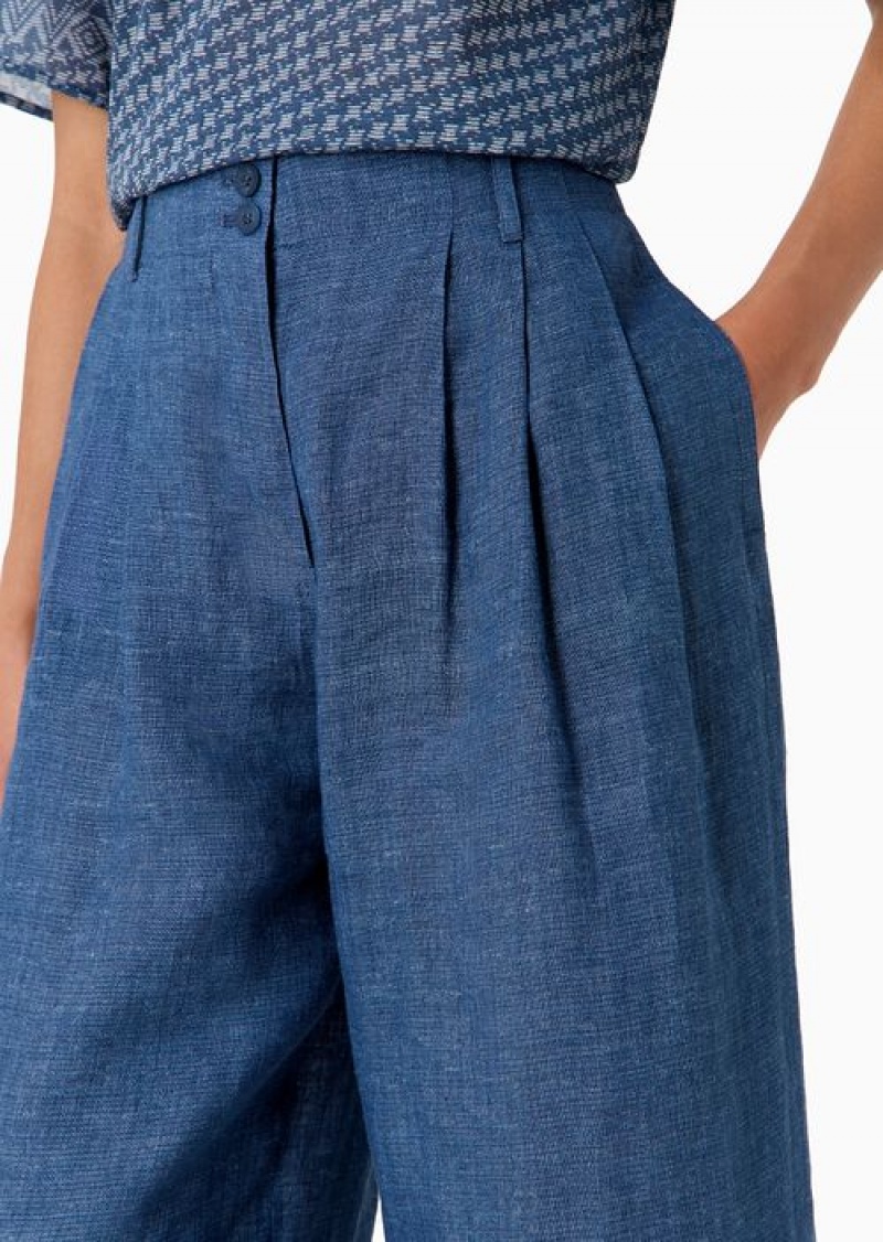 Medium Blue Emporio Armani Icon Ovel-leg Trousers With Pleats In Washed Linen | EA-SN56880