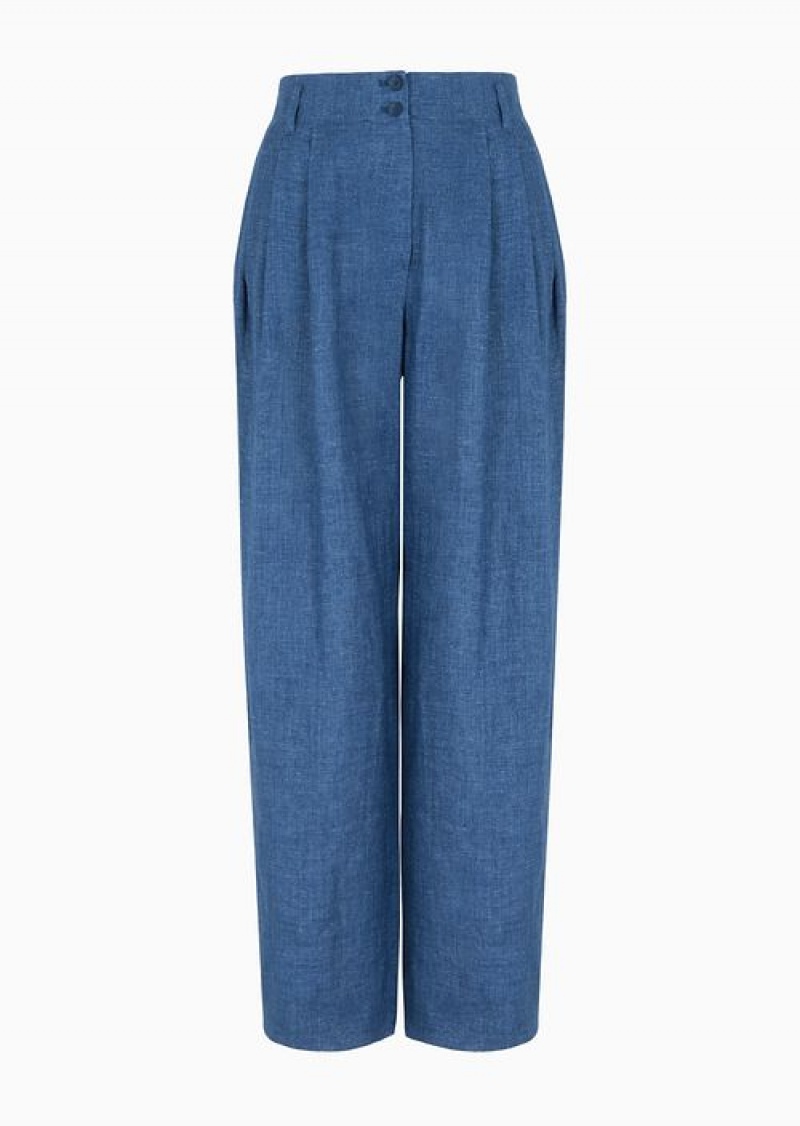 Medium Blue Emporio Armani Icon Ovel-leg Trousers With Pleats In Washed Linen | EA-SN56880