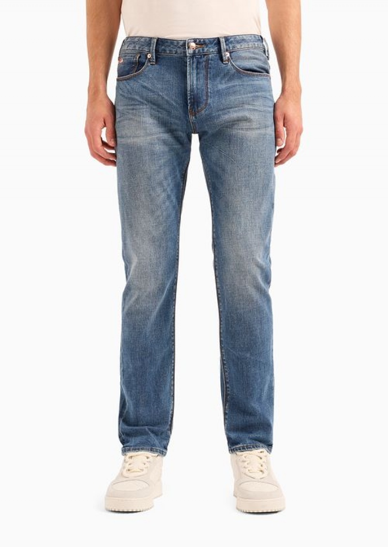 Medium Blue Emporio Armani J06 Slim-fit, Bleached-effect Comfort-denim Jeans | EA-SN58021