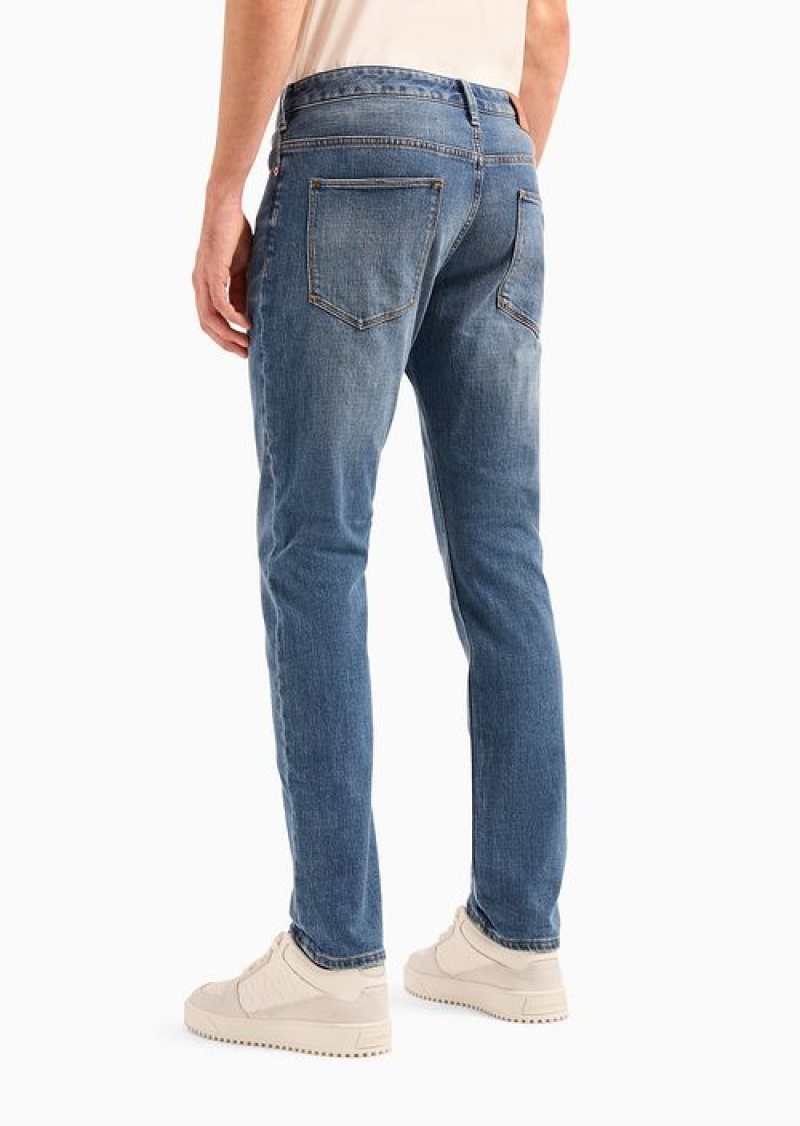 Medium Blue Emporio Armani J06 Slim-fit, Bleached-effect Comfort-denim Jeans | EA-SN58021