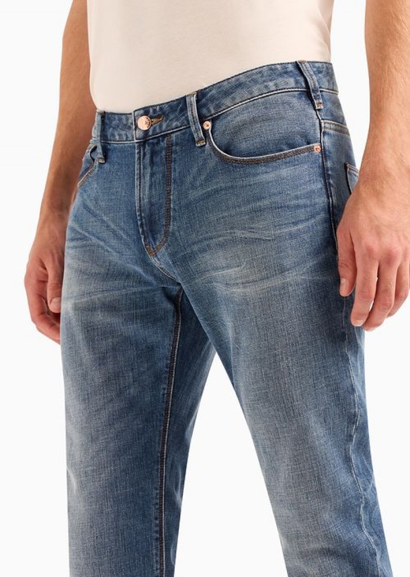 Medium Blue Emporio Armani J06 Slim-fit, Bleached-effect Comfort-denim Jeans | EA-SN58021