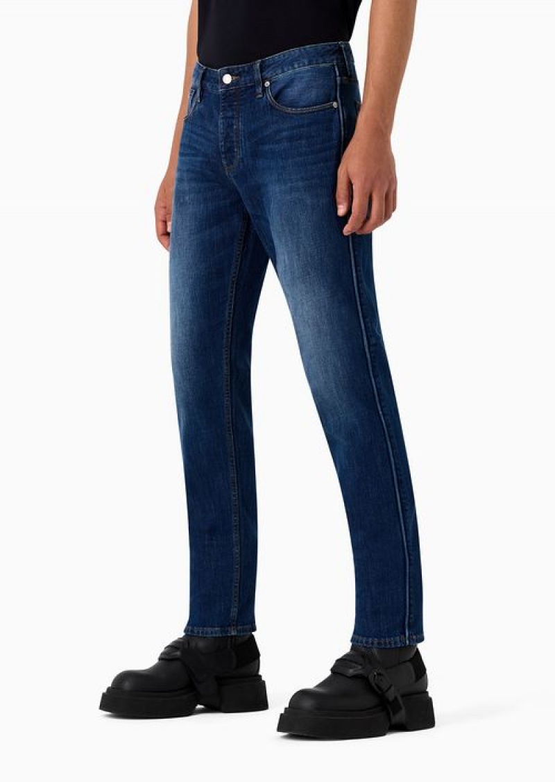 Medium Blue Emporio Armani J75 Slim-fit, Stone-washed Stretch-denim Jeans | EA-SN57940