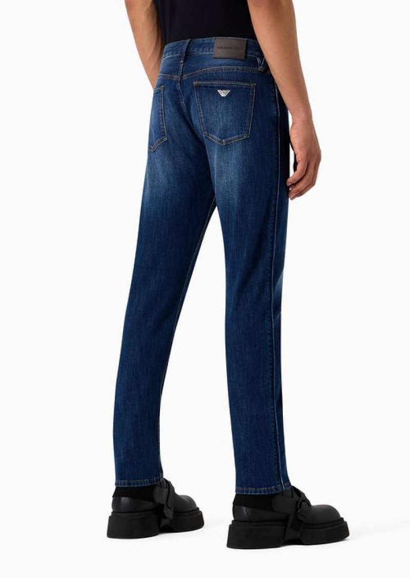 Medium Blue Emporio Armani J75 Slim-fit, Stone-washed Stretch-denim Jeans | EA-SN57940