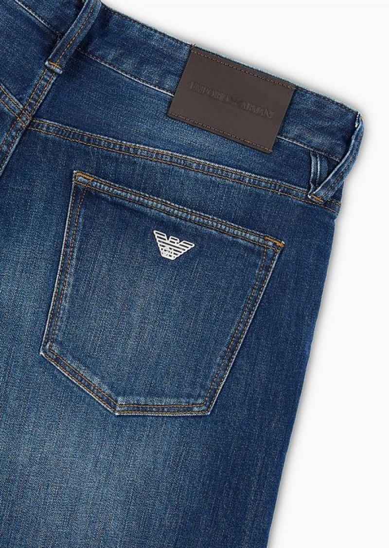 Medium Blue Emporio Armani J75 Slim-fit, Stone-washed Stretch-denim Jeans | EA-SN57940