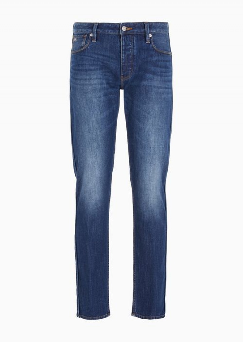 Medium Blue Emporio Armani J75 Slim-fit, Stone-washed Stretch-denim Jeans | EA-SN57940