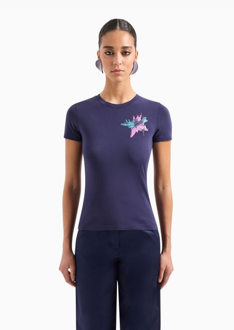 Midnight Blue Emporio Armani Asv Organic-jersey T-shirt With Abstract Embroidery And Logo | EA-SN57061