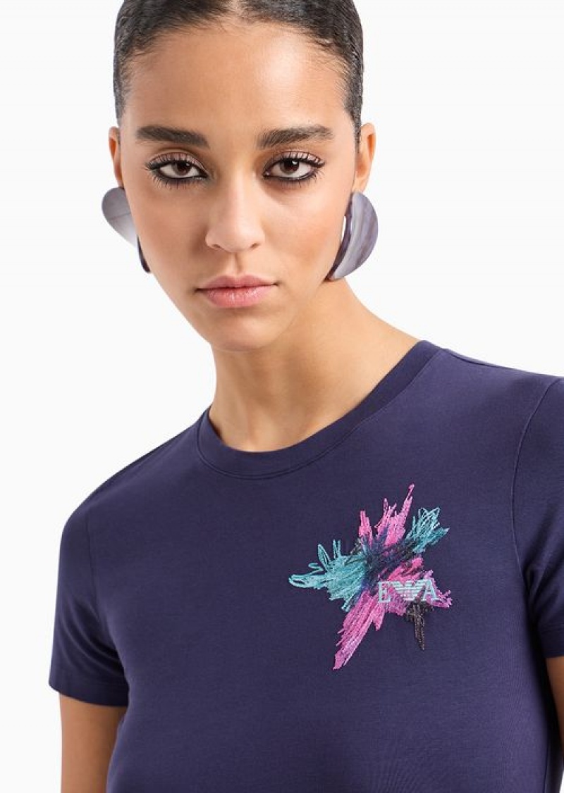 Midnight Blue Emporio Armani Asv Organic-jersey T-shirt With Abstract Embroidery And Logo | EA-SN57061