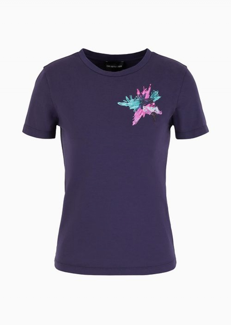 Midnight Blue Emporio Armani Asv Organic-jersey T-shirt With Abstract Embroidery And Logo | EA-SN57061