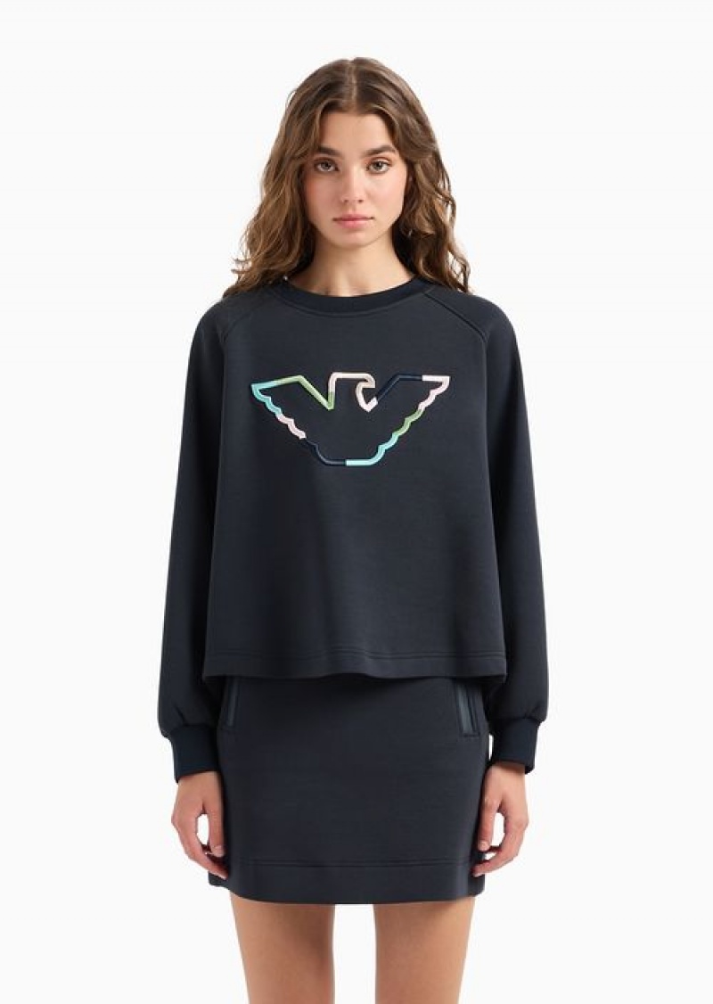 Midnight Blue Emporio Armani Double-jersey Crew-neck Sweatshirt With Eagle | EA-SN57010