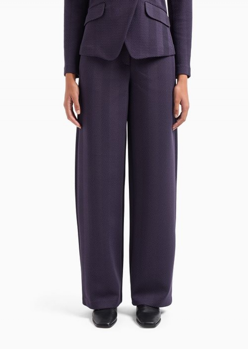 Midnight Blue Emporio Armani Embossed Chevron Jacquard Jersey Trousers | EA-SN56888