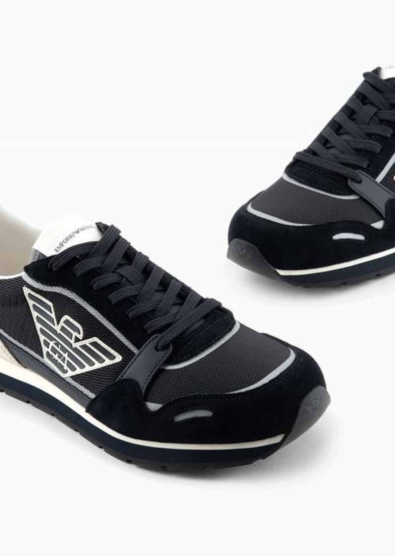 Midnight Blue Emporio Armani Mesh Sneakers With Suede Details And Eagle Patch | EA-SN58993