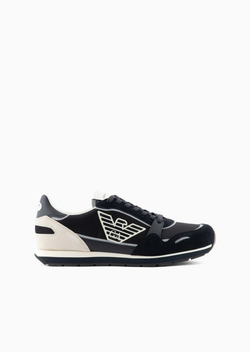 Midnight Blue Emporio Armani Mesh Sneakers With Suede Details And Eagle Patch | EA-SN58993