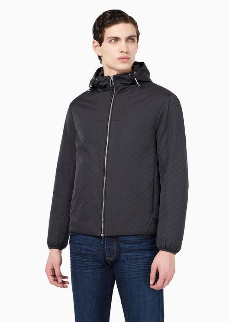 Midnight Blue Emporio Armani Nylon Jacket With Hood And Zip, With All-over Jacquard Eagle | EA-SN58192