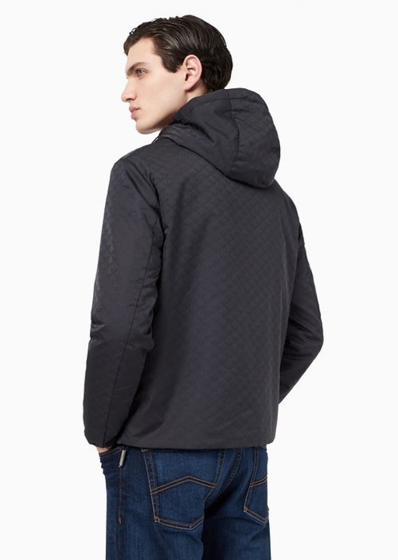 Midnight Blue Emporio Armani Nylon Jacket With Hood And Zip, With All-over Jacquard Eagle | EA-SN58192