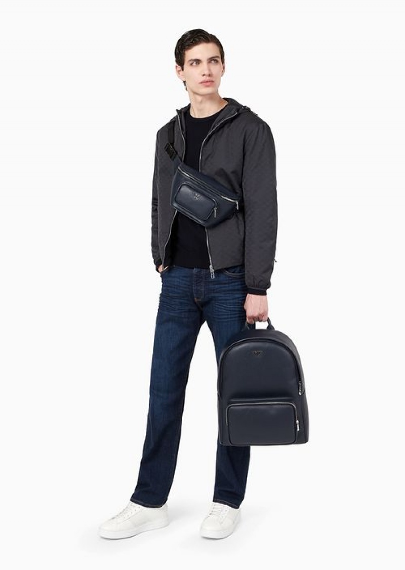 Midnight Blue Emporio Armani Nylon Jacket With Hood And Zip, With All-over Jacquard Eagle | EA-SN58192