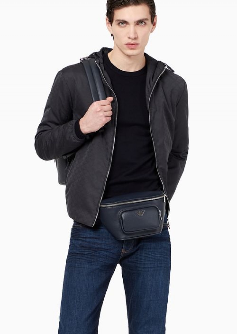 Midnight Blue Emporio Armani Nylon Jacket With Hood And Zip, With All-over Jacquard Eagle | EA-SN58192