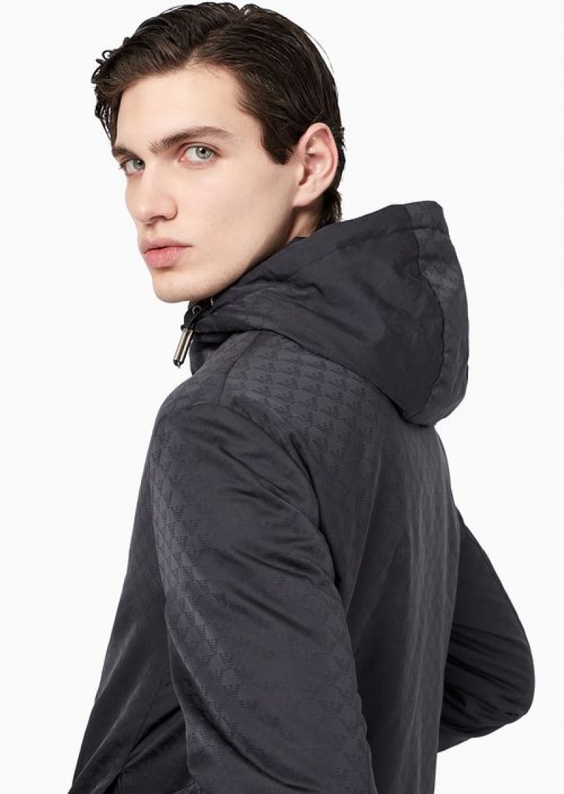 Midnight Blue Emporio Armani Nylon Jacket With Hood And Zip, With All-over Jacquard Eagle | EA-SN58192