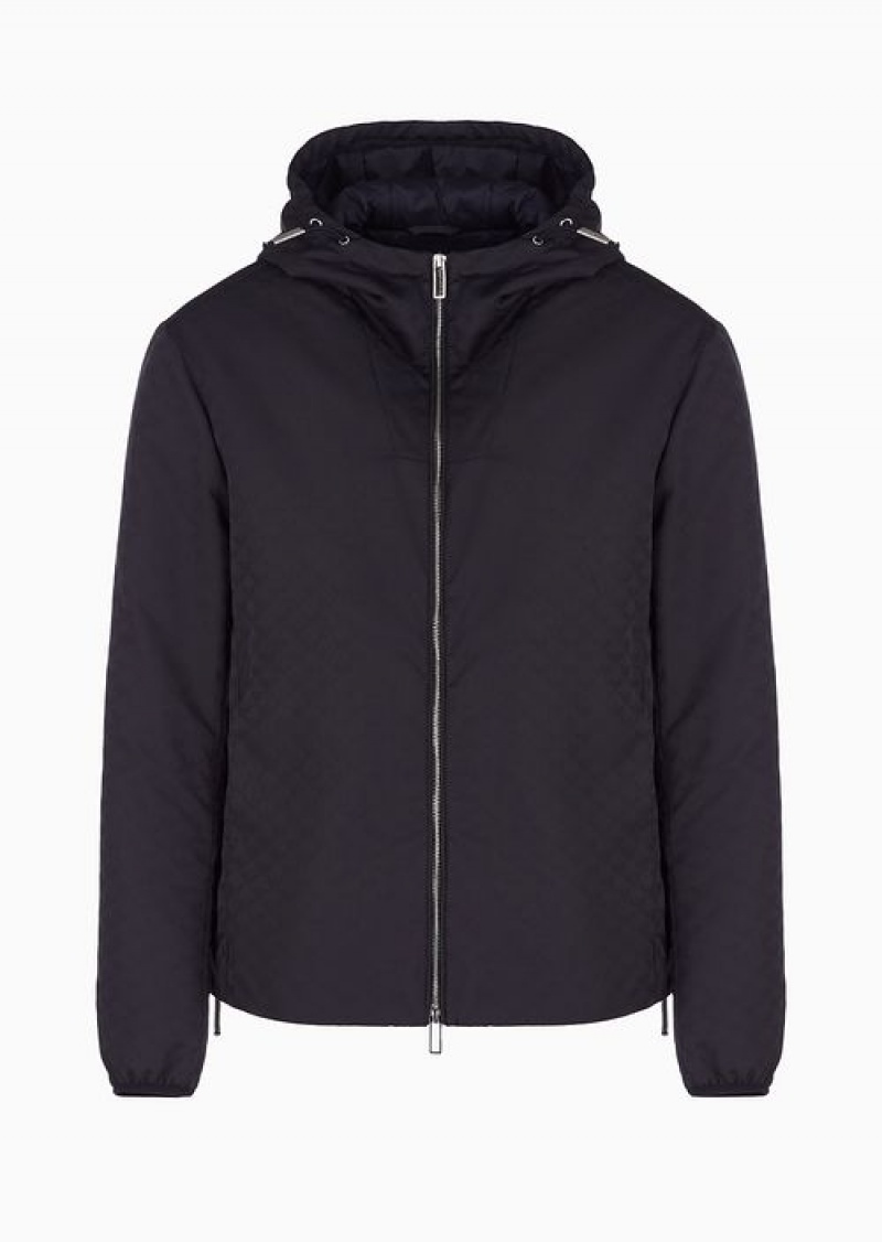 Midnight Blue Emporio Armani Nylon Jacket With Hood And Zip, With All-over Jacquard Eagle | EA-SN58192