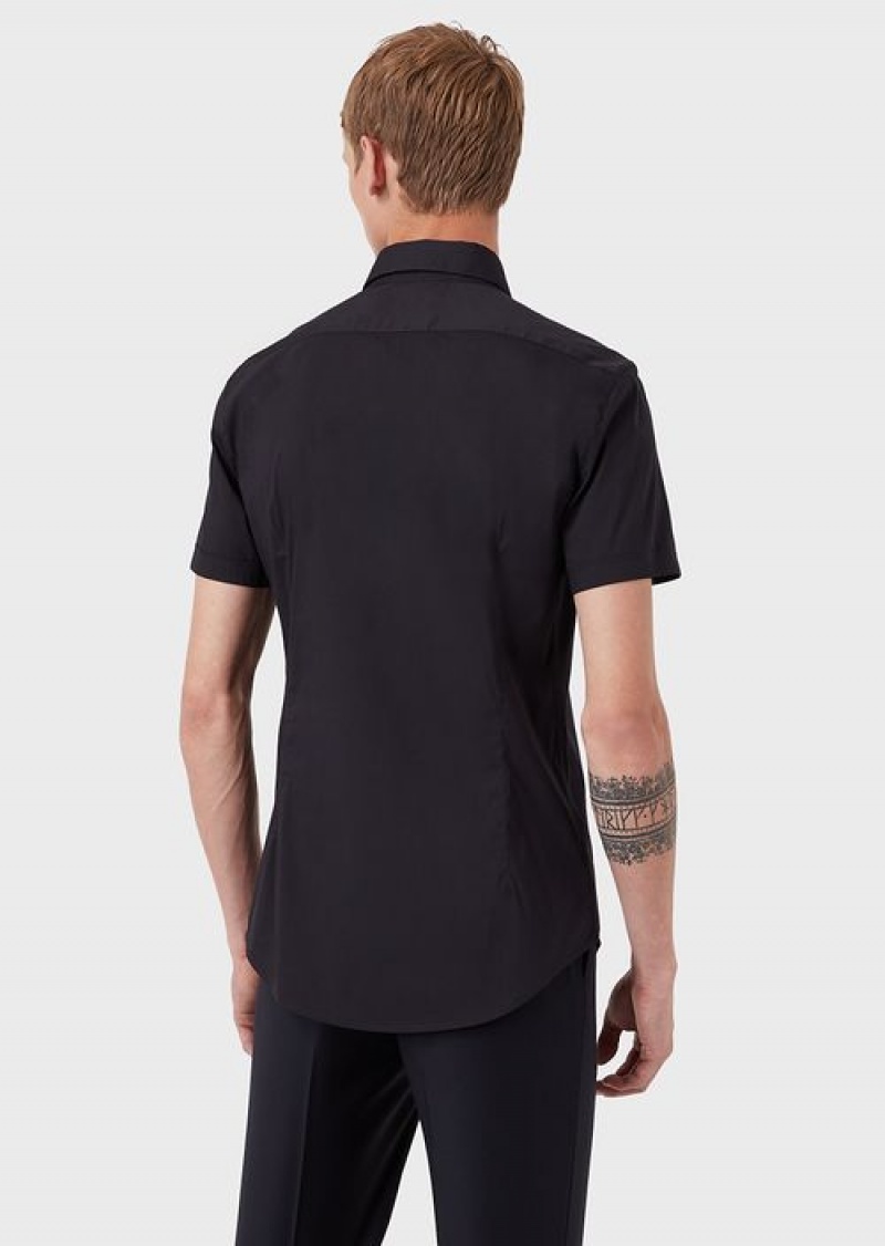 Midnight Blue Emporio Armani Short-sleeved, Stretch Nylon-blend Shirt | EA-SN57856