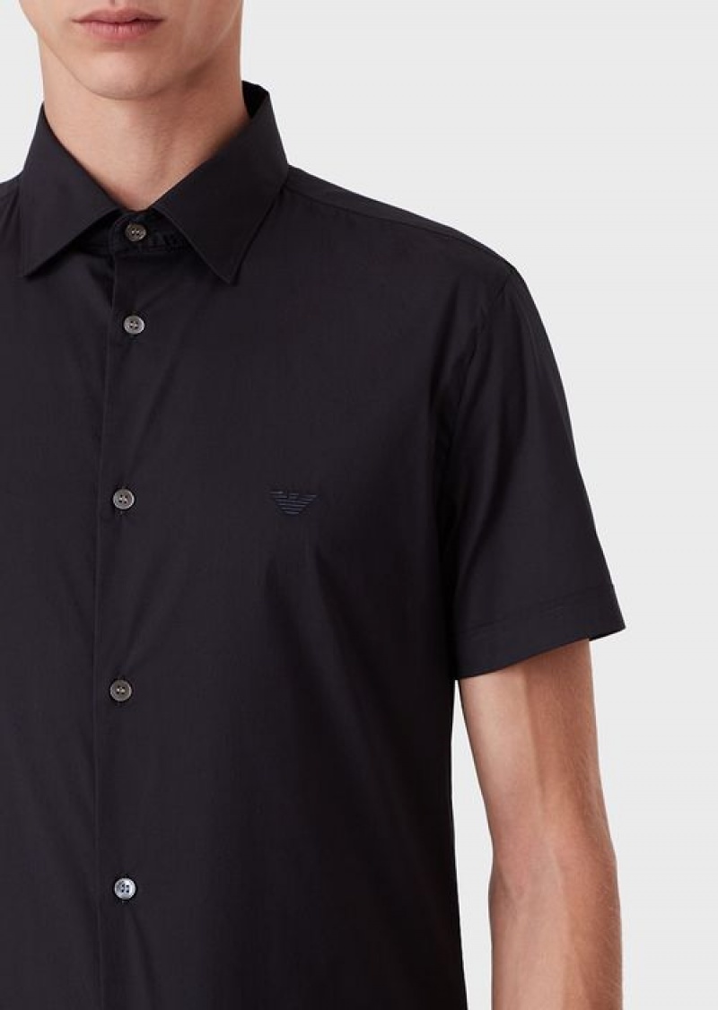 Midnight Blue Emporio Armani Short-sleeved, Stretch Nylon-blend Shirt | EA-SN57856