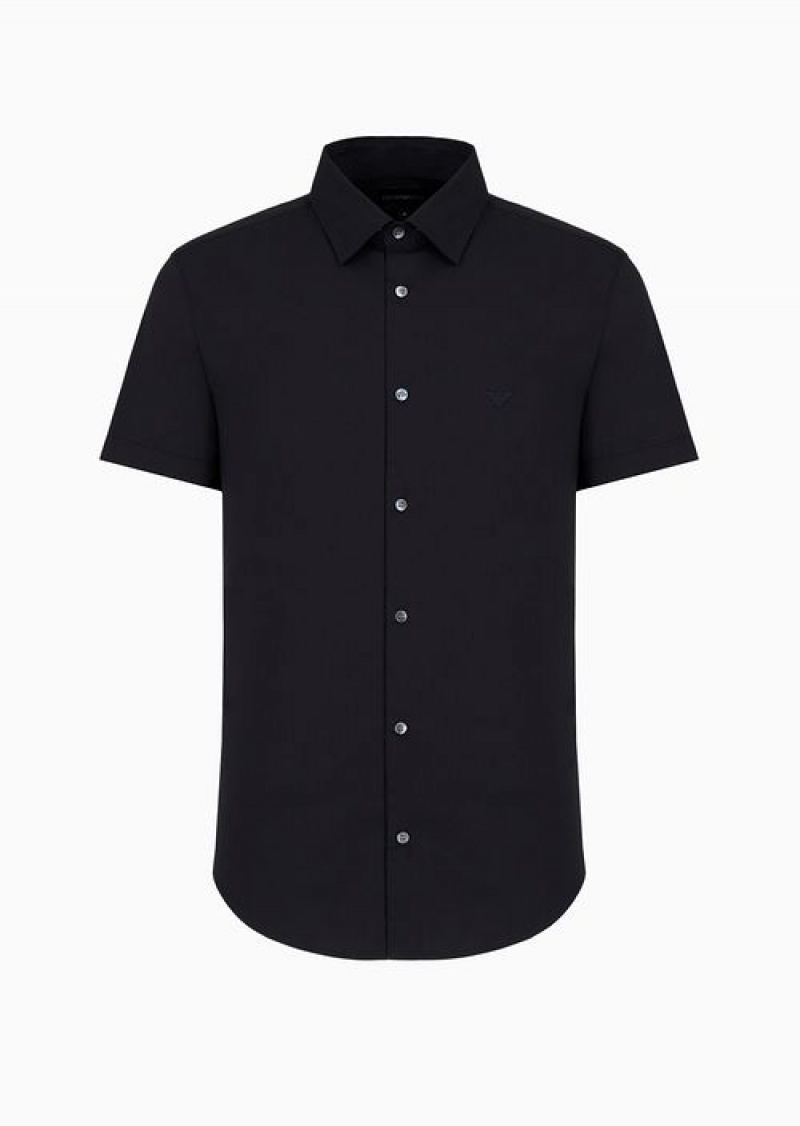 Midnight Blue Emporio Armani Short-sleeved, Stretch Nylon-blend Shirt | EA-SN57856