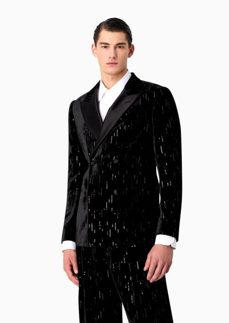 Midnight Blue Emporio Armani Soho Capsule Collection Double-breasted Jacket In Velvet With Sequins Creating A Rain Effect | EA-SN57780