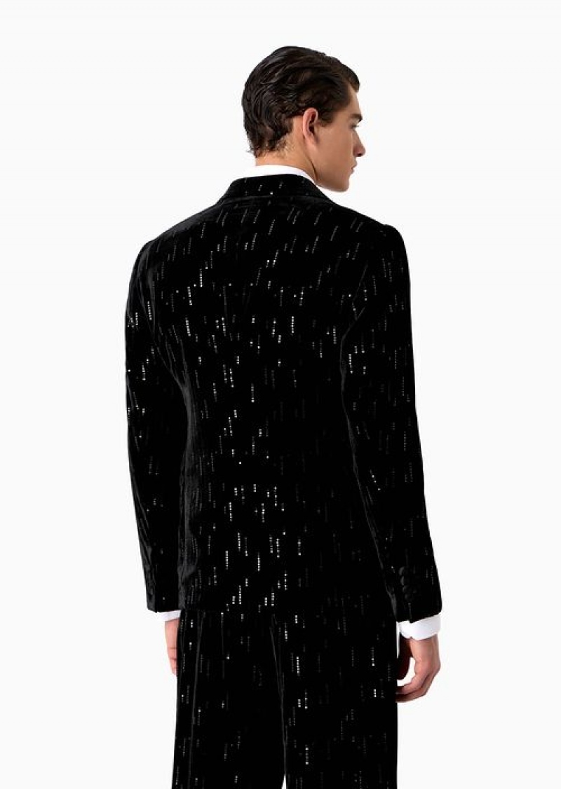 Midnight Blue Emporio Armani Soho Capsule Collection Double-breasted Jacket In Velvet With Sequins Creating A Rain Effect | EA-SN57780