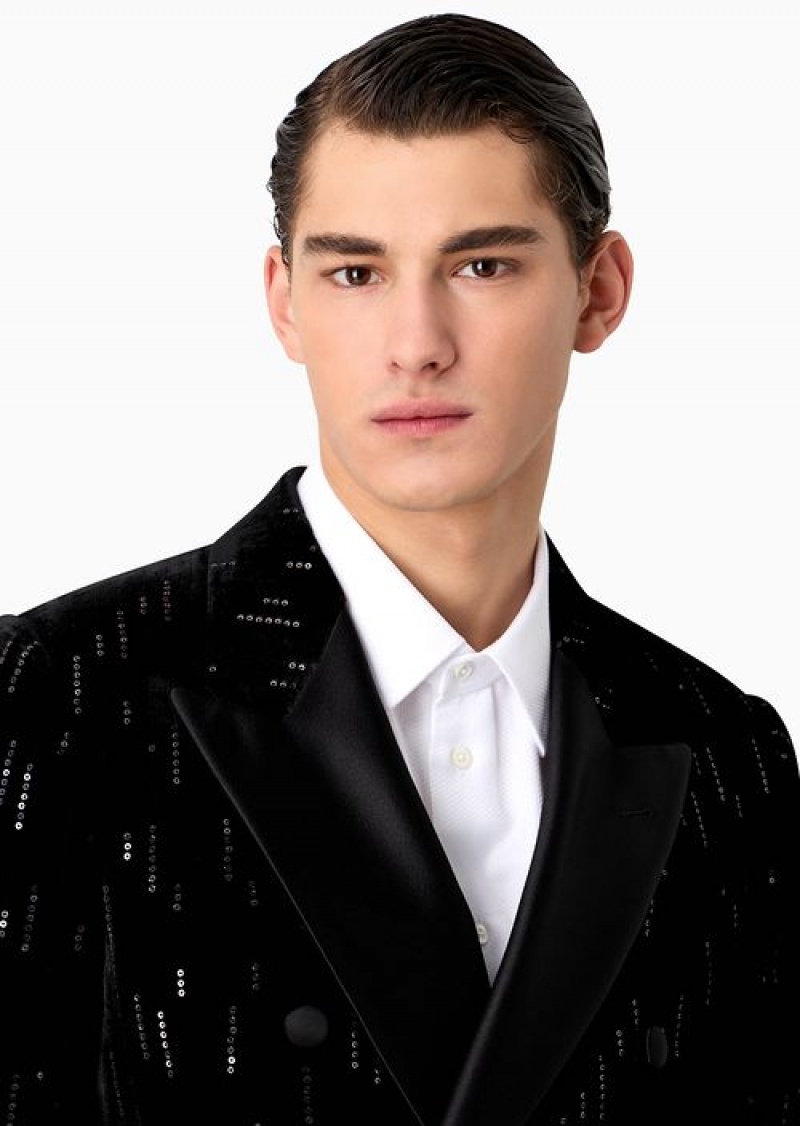 Midnight Blue Emporio Armani Soho Capsule Collection Double-breasted Jacket In Velvet With Sequins Creating A Rain Effect | EA-SN57780