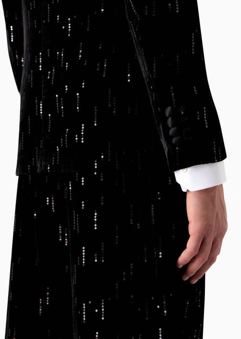 Midnight Blue Emporio Armani Soho Capsule Collection Double-breasted Jacket In Velvet With Sequins Creating A Rain Effect | EA-SN57780