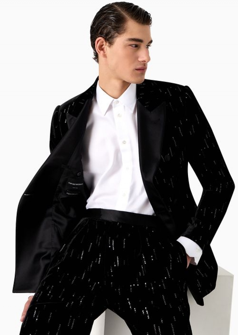 Midnight Blue Emporio Armani Soho Capsule Collection Double-breasted Jacket In Velvet With Sequins Creating A Rain Effect | EA-SN57780